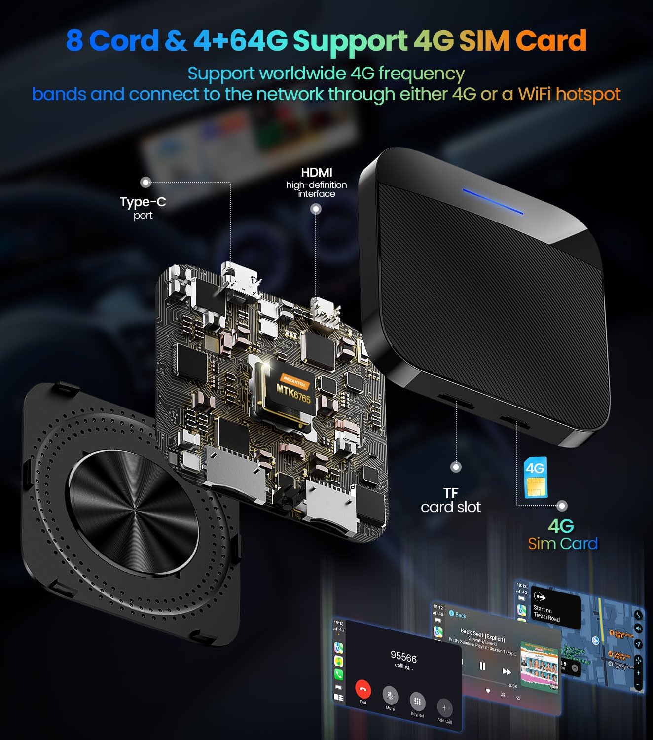 Wireless CarPlay/Android Auto Adapter Magic Ai Box, 8 Core, Google Store/Disney+/Netflix/YouTube/, Built-in Navigation, Support SIM&TF Card, Only Support Car with OEM Wired CarPlay