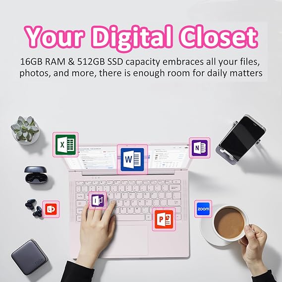 8GB RAM Laptop Computer with 512GB PCIe SSD, Quad-Core Processor Up to 2.90GHz, 14.1 2K Display, Backlit Keyboard, Fingerprint Recognition, Webcam, Win11 Pro Laptops for Students Business, Pink