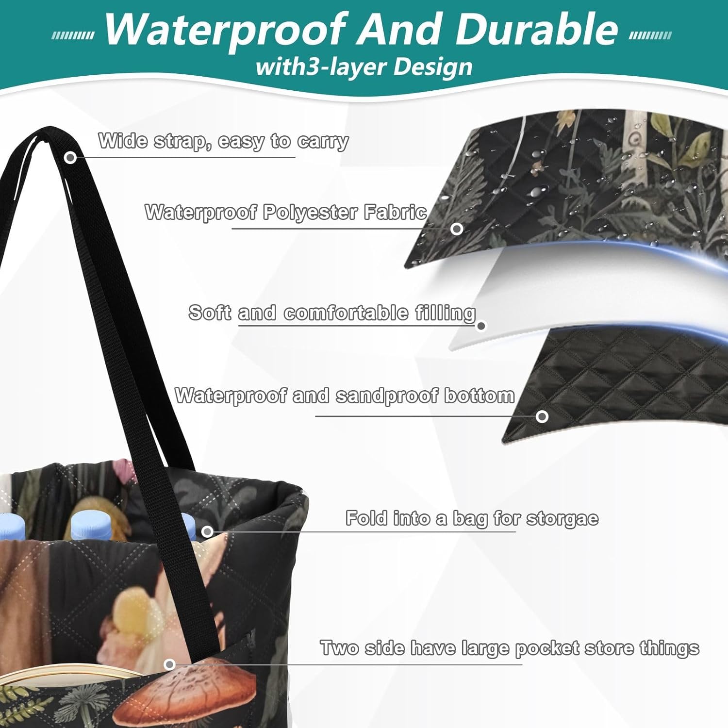 Forest Mushroom2 Picnic Blankets Foldable Outdoor Camping Blanket Waterproof Sandproof for Summer Beach, Park, Grass-80 * 118in