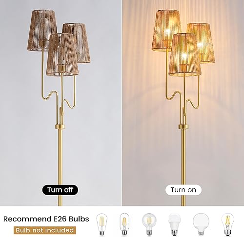 Miniatura 16 de Lámpara de pie bohemia, 68 pulgadas, lámparas de pie de ratán con pantalla de ratán, lámpara de pie de árbol de 3 luces para dormitorio, guardería