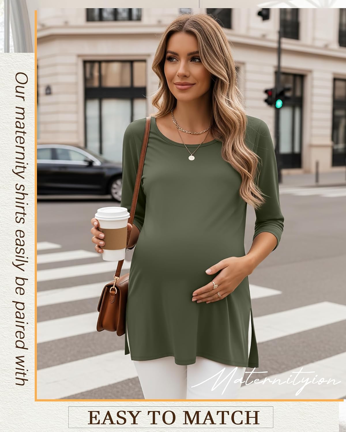 3 Pack Women's 3/4 Sleeve Maternity Shirts Elbow Length Clothes Round Neck Tunics Pregnancy Loose Side Split Tops - Image 2