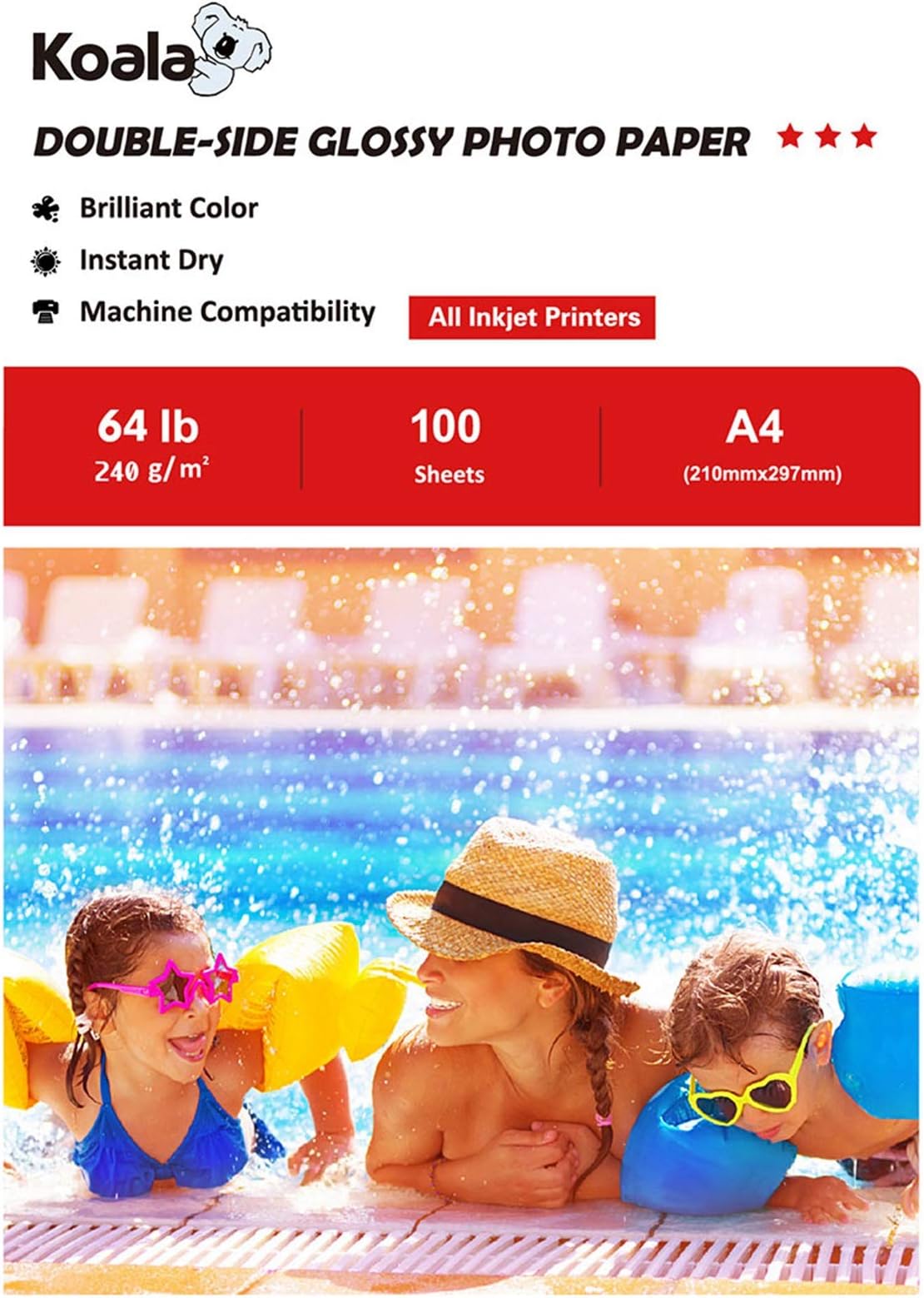 KOALA Double Sided Glossy Inkjet Photo Paper A4, 240gsm, 100 Sheets for Inkjet Printers. Suitable for printing Photos, Brochures, Covers, Certificates, Booklets, Flyers, Leaflets, Cards, Calendars