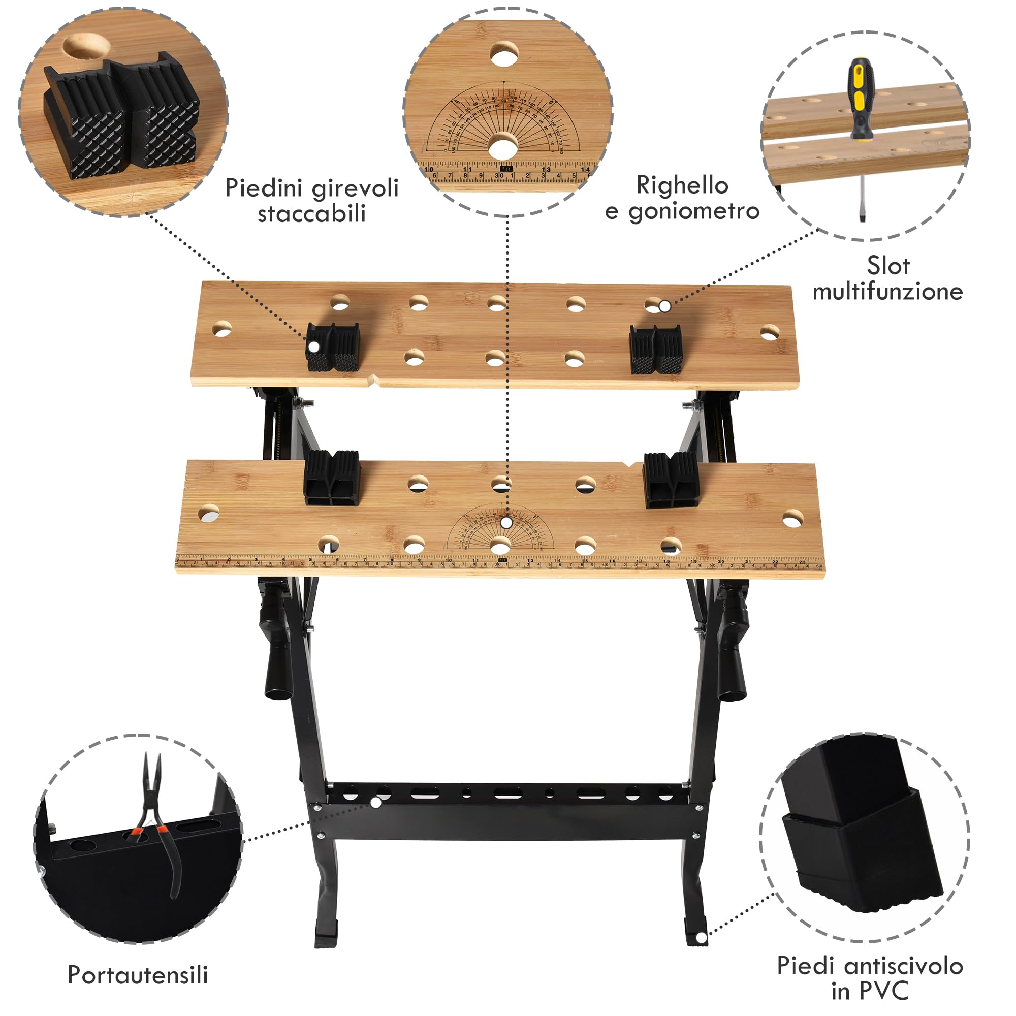 HOMCOM Banco da Lavoro Pieghevole 4 Morse Portata 150 kg Nero e Legno | Riga e Goniometro, Tavolo da Lavoro Regolabile e Portatile, per Casa e Fai da Te