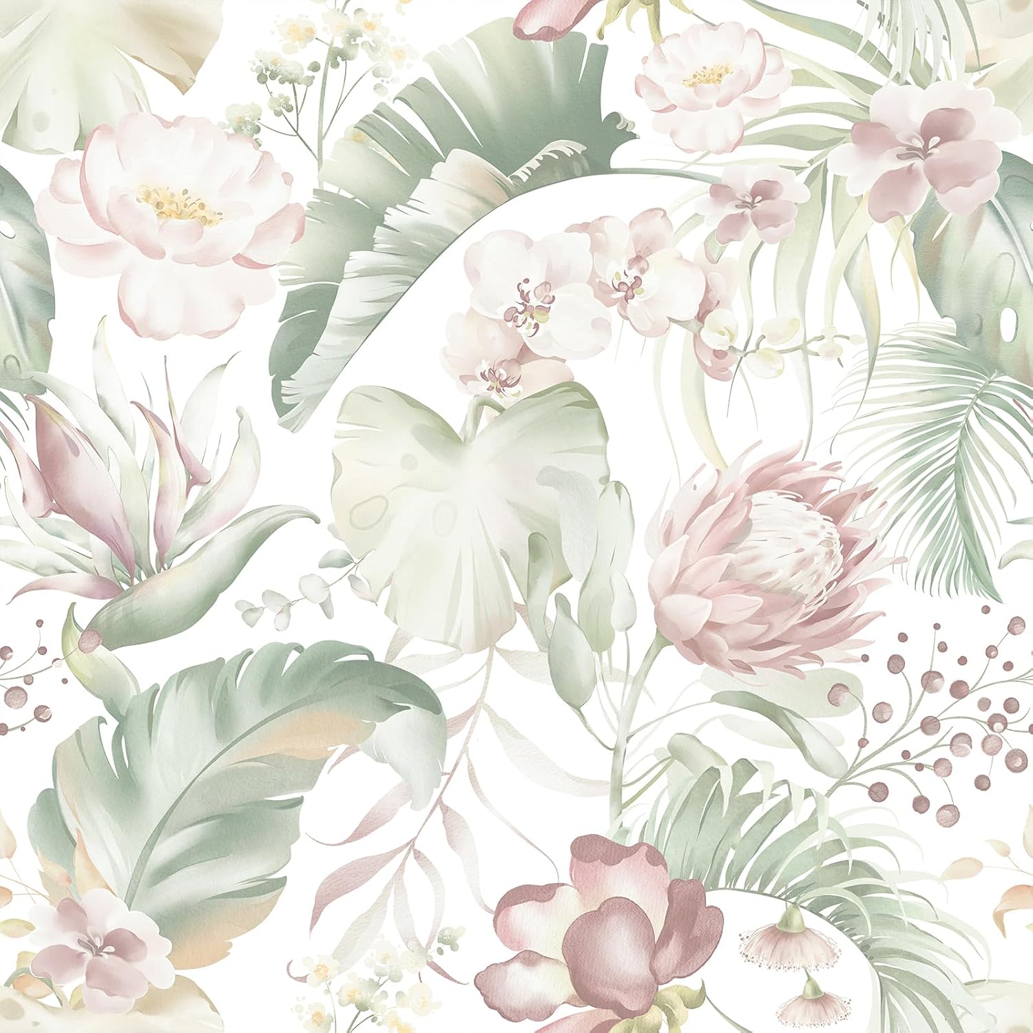 VEELIKE Watercolor Tropical Wallpaper Peel and Stick Pastel Leaf Floral Wallpaper for Bedroom Living Room 17.7''x354'' Removable Self Adhesive Contact Paper Botanical Tropical Wall Paper for Bathroom
