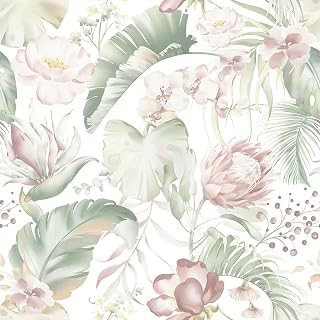 VEELIKE Watercolor Tropical Wallpaper Peel and Stick Pastel Leaf Floral Wallpaper for Bedroom Living Room 17.7''x354'' Removable Self Adhesive Contact Paper Botanical Tropical Wall Paper for Bathroom