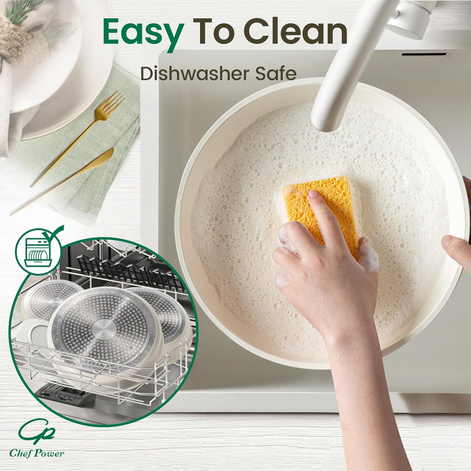 Chef Power Ceramic Nonstick Cookware Set 5 Piece with Detachable Handle, Induction Dishwasher Oven Safe Pans and Pots Set, RV Kicthen Set Removable Handle, Cream White