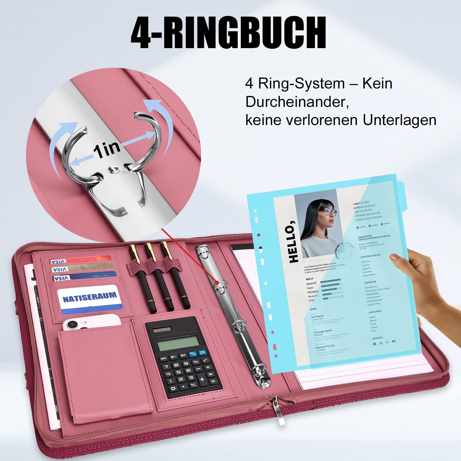 Leathario Schreibmappe A4 mit 5er Register DIN A4，Konferenzmappe mit 4 Ringbuch，Dokumentenmappe mit Reißverschluss，Griff，Klemmbrett,Ordner für Meeting, Business,Mappe für Schule, Uni