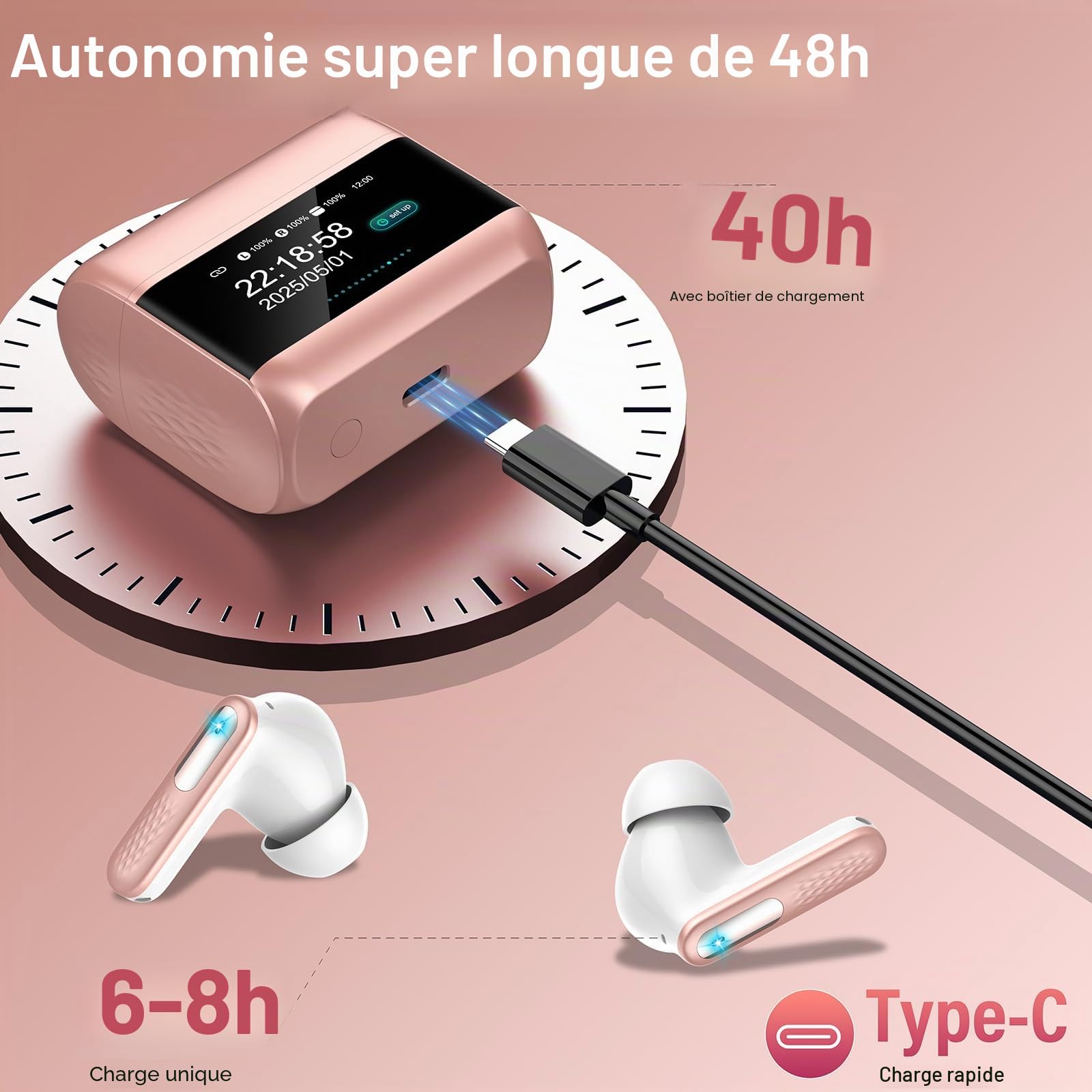 ZYHKON Écouteurs sans Fil avec écran Tactile Intelligent, Bluetooth 5.4 avec Micro, étanchéité IP7, Racine de Lotus Rose