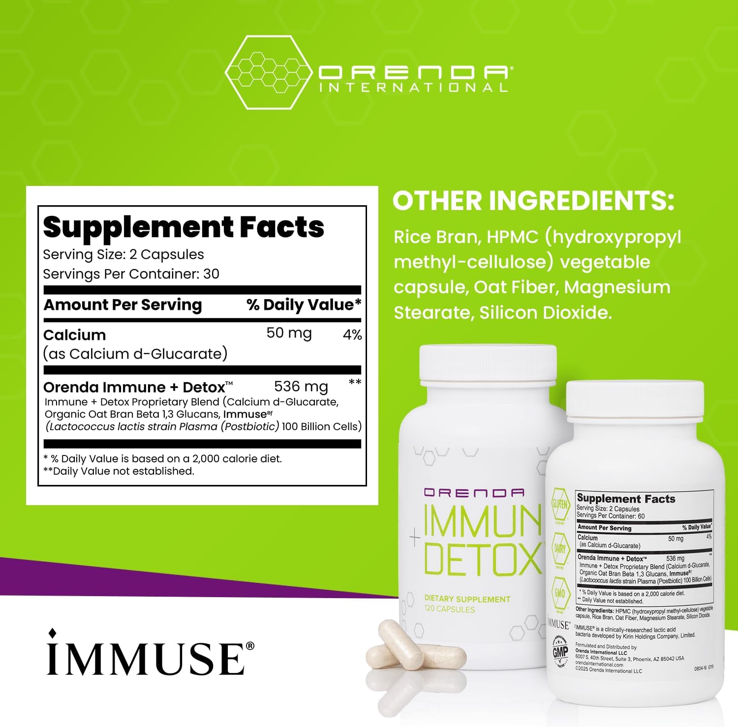 Orenda Immune + Detox - Specialized Formula with Calcium d-Glucarate, Beta 1,3 Glucans & IMMUSE® for Wellness and Balance - 120 Capsules