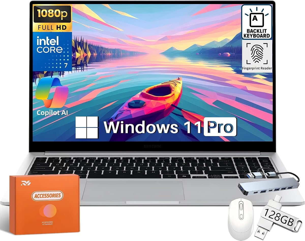 Galaxy Book4 Business Laptop Copilot AI PC, 15.6 FHD Display, Intel 10-Core 7 150U, 16 GB RAM, 512 GB SSD, 128GB UFD, 7-in-1 USB HUB, Backlit KB, Fingerprint, WiFi, Bluetooth, HDMI, Win 11 Pro