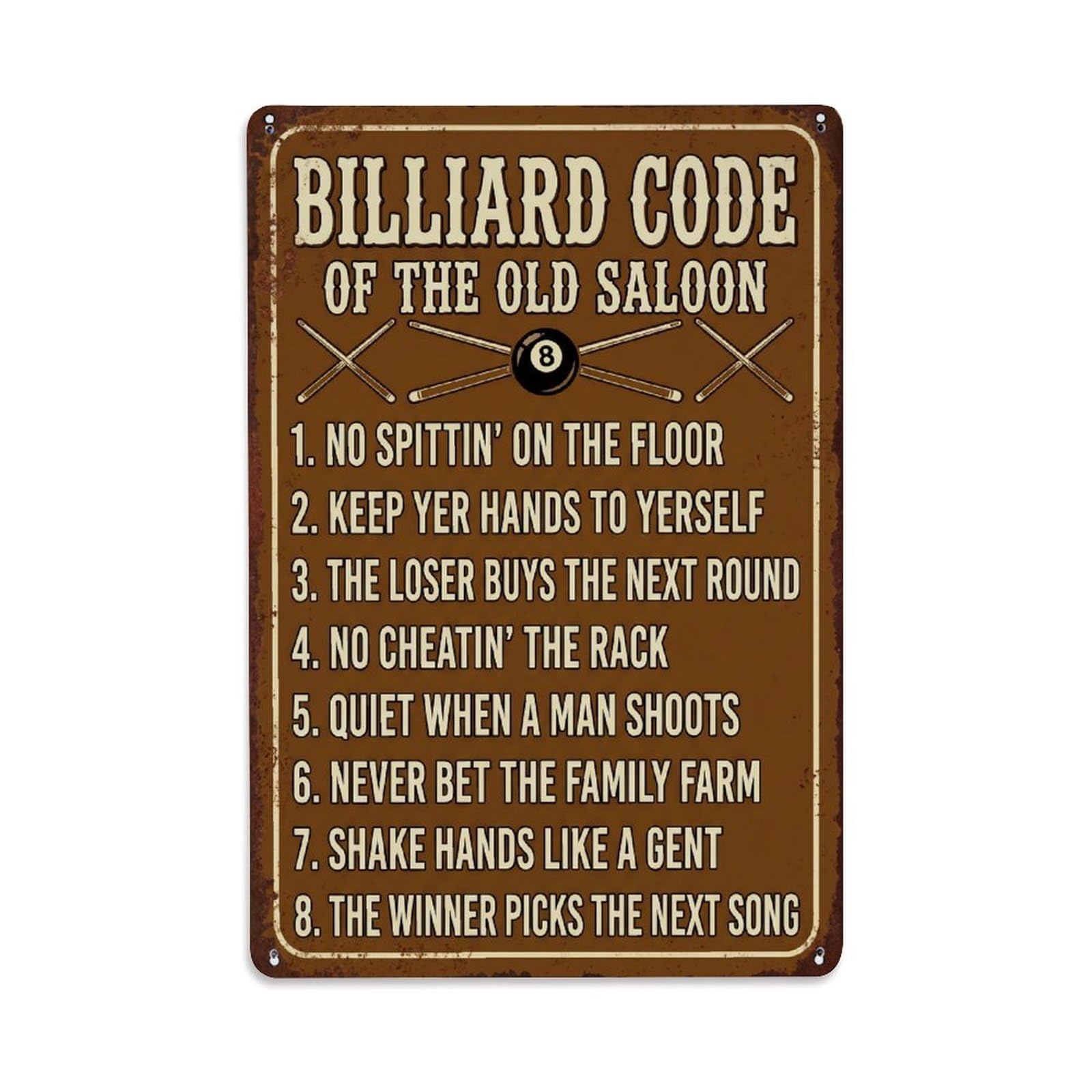 Billiard Code Old Saloon Funny Metal Tin Sign Plaque Wall Decor for Cafe, Club Bar, Office, Home Garden Metal Poster 8x12Inch