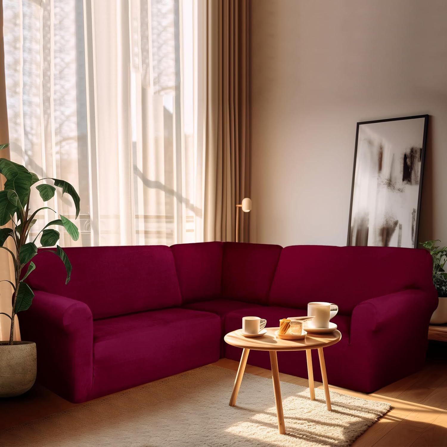 Breling 3 Pcs L Shaped Couch Covers for Sectional Corner Sofa Stretch 5 Seat Washable Corner Sofa Slipcover Sectional Couch Protector for Living Room(Burgundy,Milk Silk)