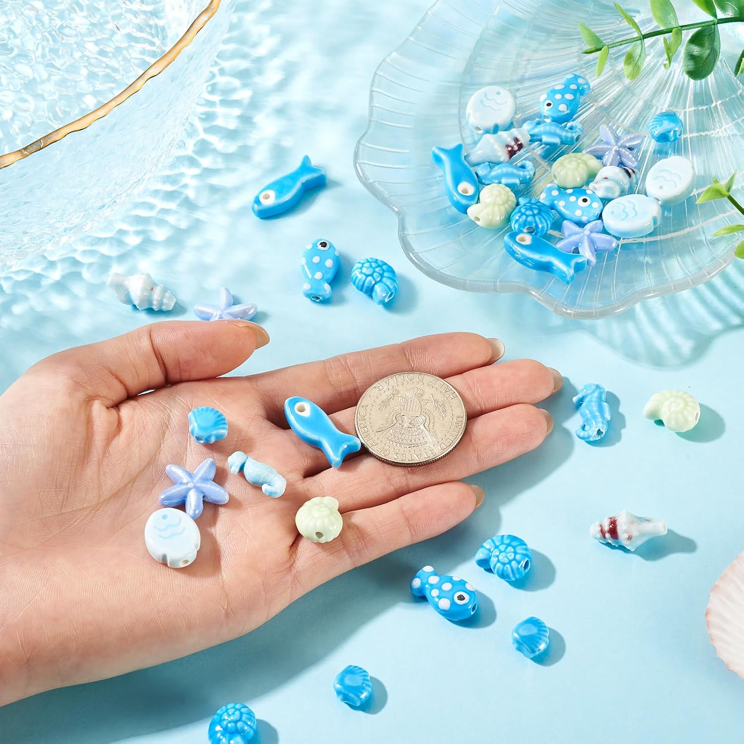 36Pcs Handmade Porcelain Ocean Animal Beads Assorted Ceramic Beads Cute Shell Starfish Conch Fish Cool Bead for Jewelry Making DIY Craft Necklace Bracelet Crafts image 5