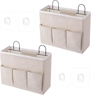 Wenqik 2 Pcs Wall Hanging Storage Bag with 3 Pockets Linen Storage | Hanging Baskets Wall Beige Striped Fabric Storage As over The Door Organization for Bedroom Office Rv Camper, Large