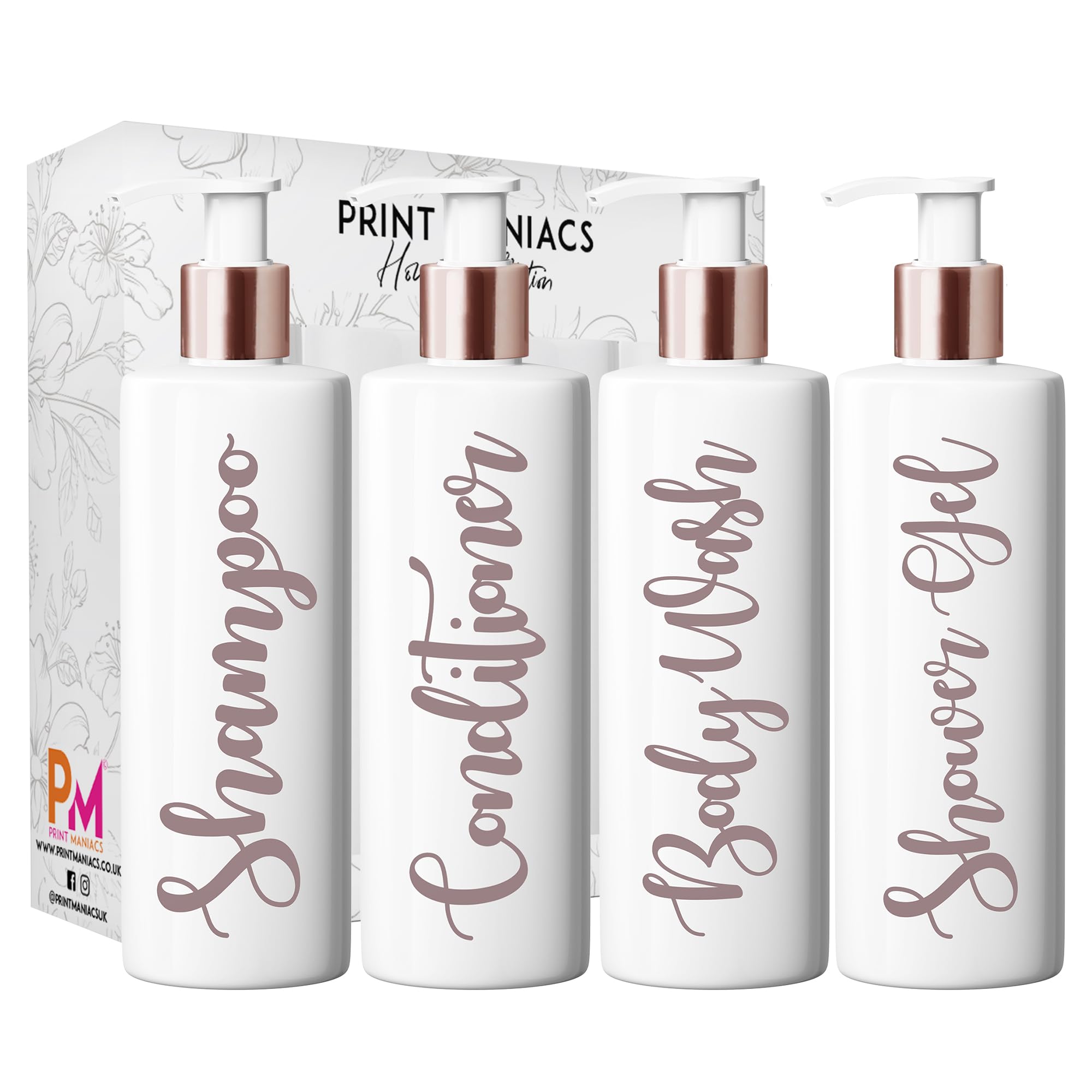 Print Maniacs White Mrs Hinch Inspired Personalised 500ml Bottles Bathroom Lotion Kitchen Shampoo Conditioner Rose Gold Pump (Shower Gel Set) (Matt Rose Gold)