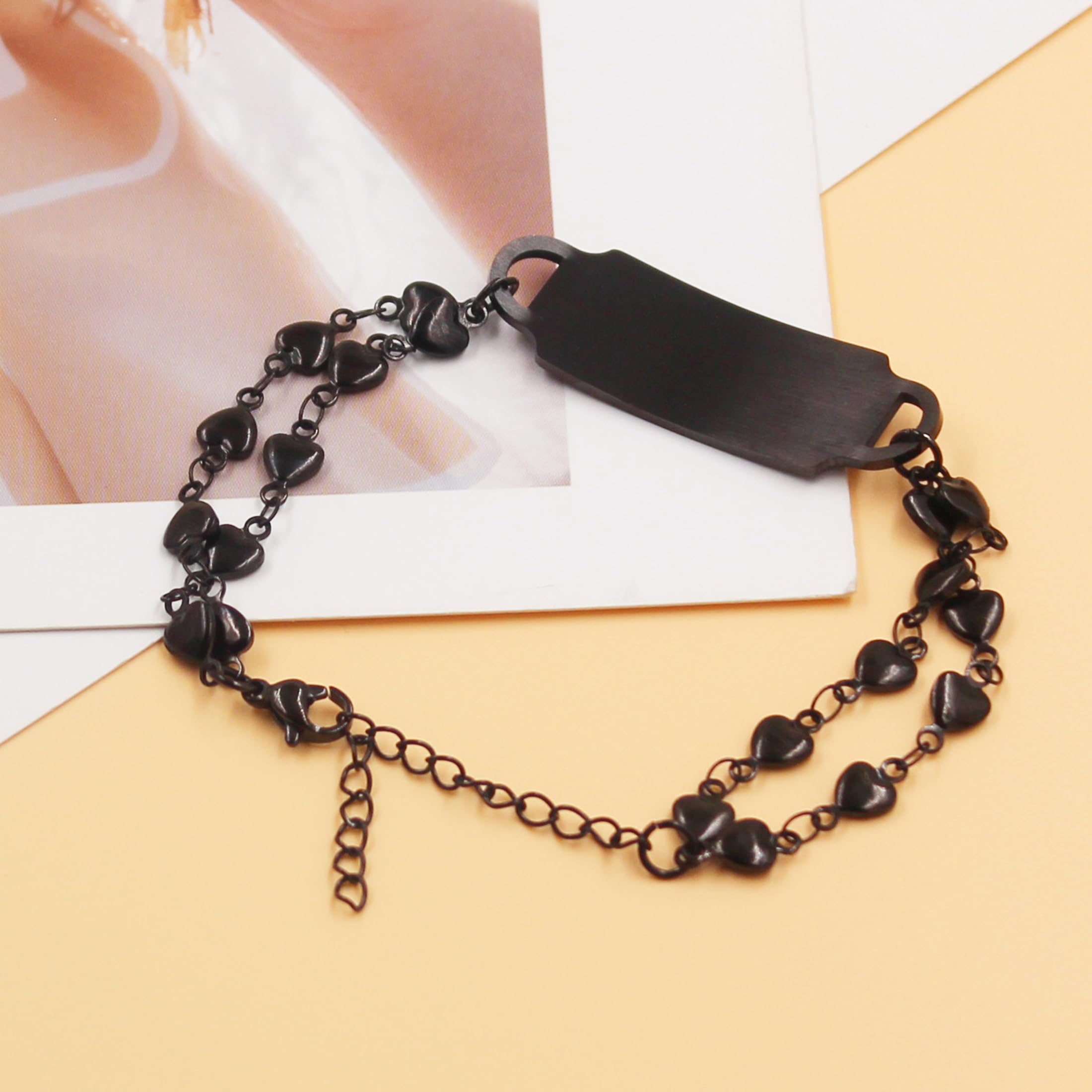 YA5199 Bracelet d'identification médicale d'urgence double brin réglable en forme de cœur étanche pour homme Noir en acier inoxydable