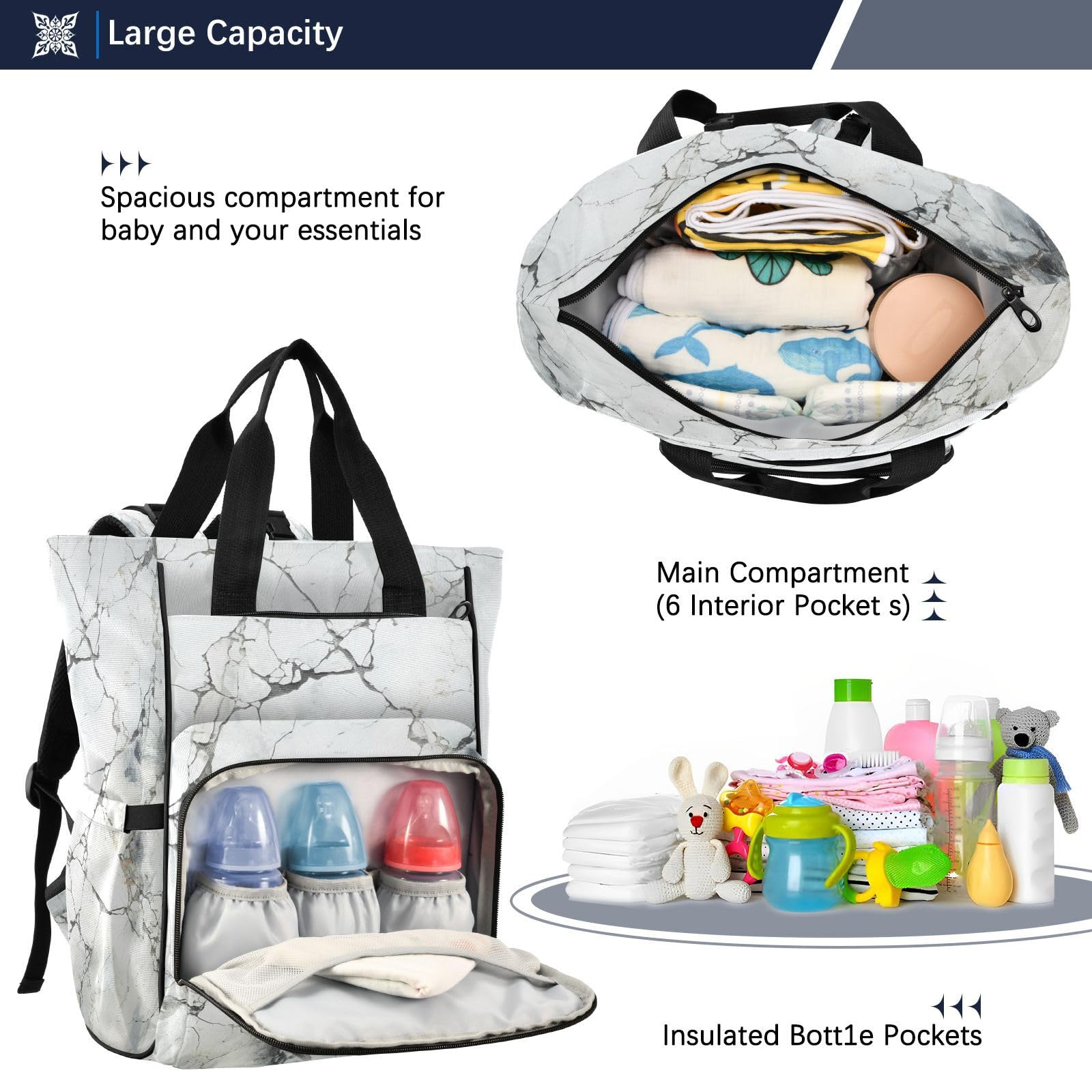 Arte De Mármol Blanco Negro Bolsa de Pañales, Mochila de Viaje, Gran Capacidad, Bolsas para Mamá Papá Mujeres Niñas