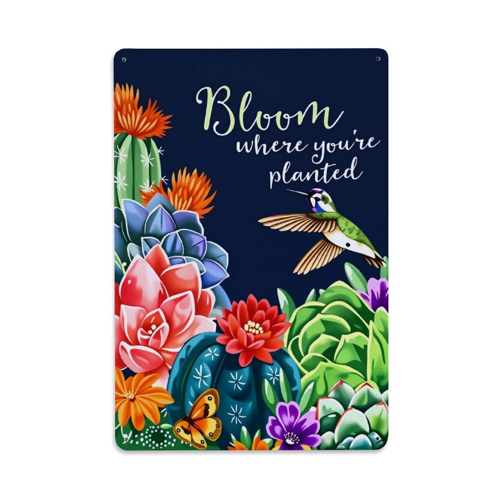 Jdyaojiesheng Vintage Floral Cactus Hummingbird Butterfly Bloom Tin Sign Retro Metal Wall Decor Metal Poster, Home Bar Garage Farmhouse Cafe Wall Art Decoration 8X12inches