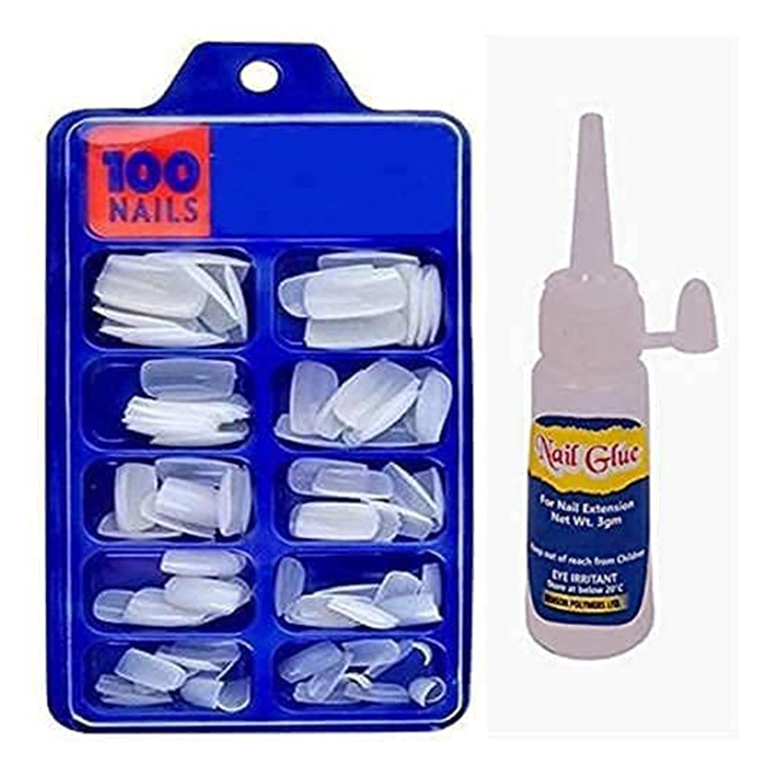 Artificial Nail Set Acrylic False Nail With Case & Glue For Nail Salons And DIY Nail Art, Perfect Nail Extension Kit of 100 Fake/False Reusable Nails. (White Nails)