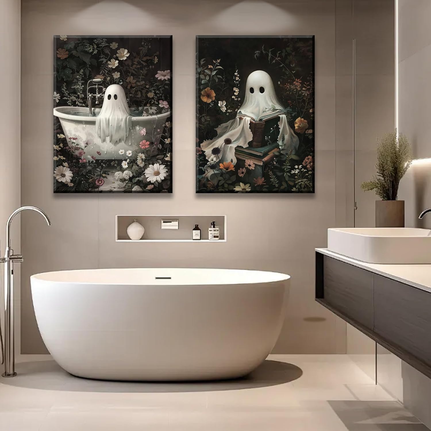 Framed Ghost Wall Art Set of 2 Dark Gothic Floral Canvas Wall Art Bathtub Reading Ghost Poster Cute Halloween Picture Prints Rustic Spooky Décor for Bathroom Bedroom 12x16 Inch