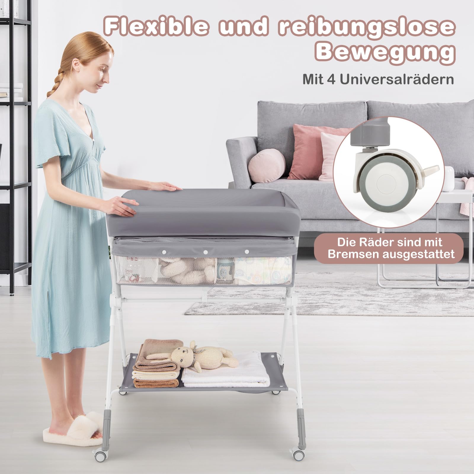COSTWAY 3 in 1 Wickeltisch klappbar, mobile Wickelkommode mit Rollen, höhenverstellbar, Wickelauflage bis 11 kg (Grau)