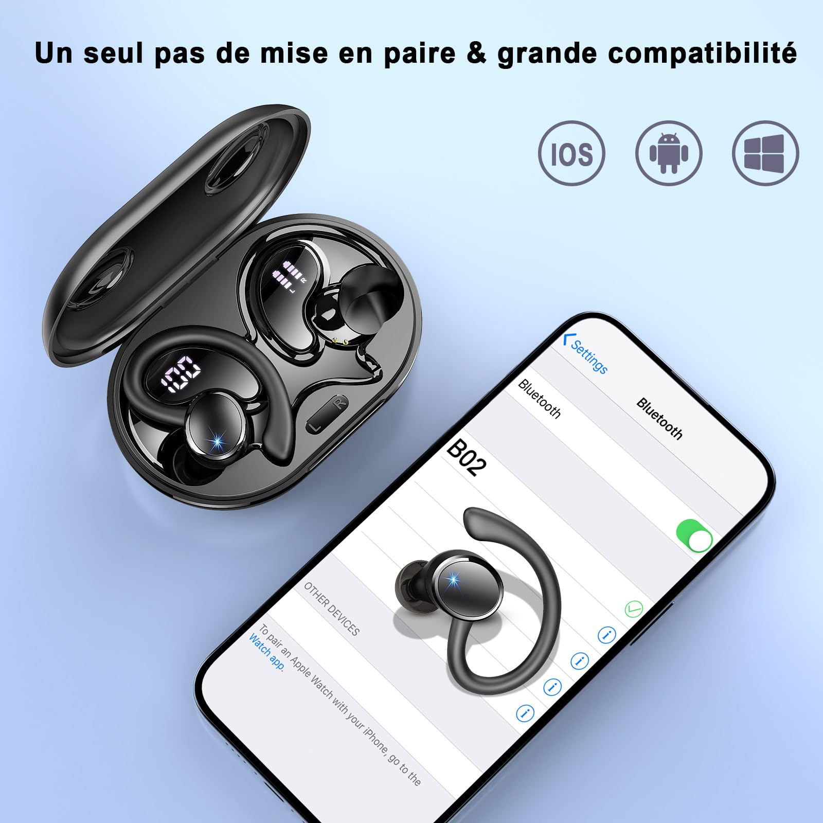 Ecouteurs Bluetooth sans Fil Sport, 2026 Écouteur Bluetooth 5.4 avec HiFi Stéréo, 50H Écouteur Bluetooth 4 ENC Réduction Bruit Mic, Écran LED Casque pour Running, IP7 Étanche Oreillette Bluetooth
