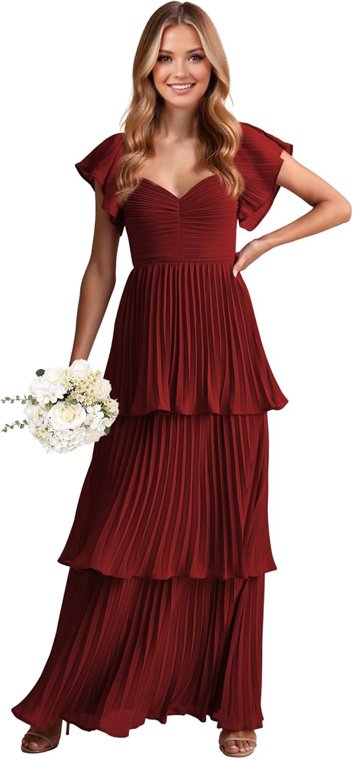 Pleated Maid of Honor Bridesmaid Dresses Long Tiered Ruffles Wine Red Chiffon Short Sleeve Prom Dresses 2026 for Women A Line Princess Formal Evening Gown with Pocket Size 10