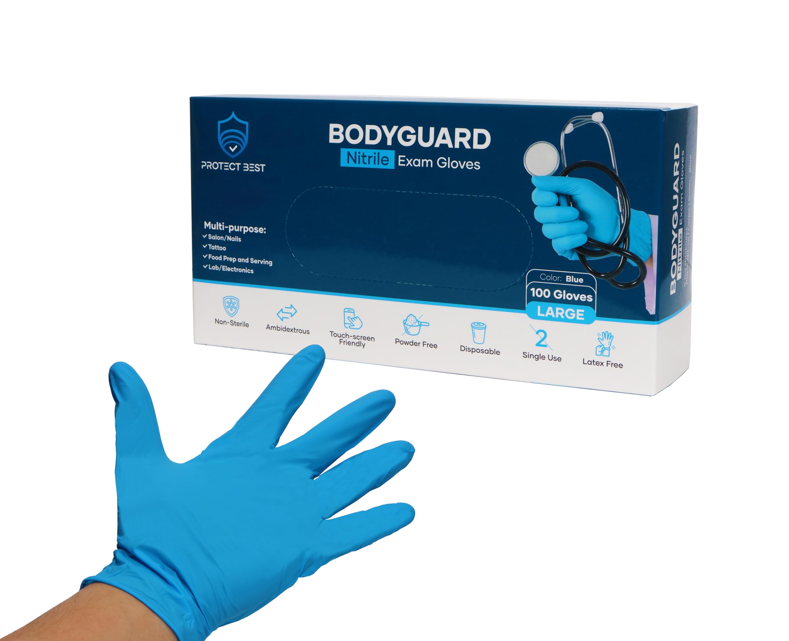 BODYGUARD Rękawice do badań, jednorazowe, nitrylowe, niebieskie, grubość 4 ml, medyczne, bezpieczne do kontaktu z żywnością, 100 szt., S-XL (duże)