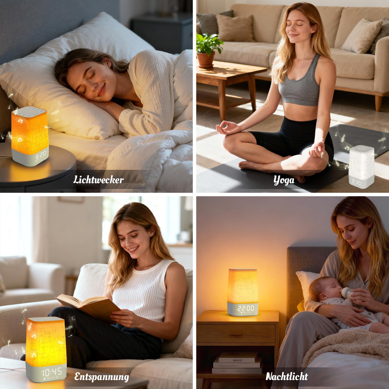 Tageslichtwecker mit 30 Naturgeräuschen, Lichtwecker Wecker mit Licht Sonnenaufgang, Dimmbares Nachtlicht RGB Wake Up Licht Nachttischlampe mit Ladefunktion, Timer