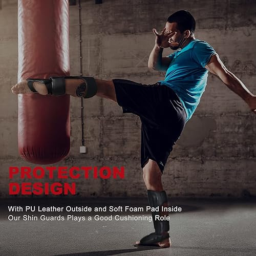 Miniatura 10 de FIVING Espinilleras de artes marciales MMA  Protectores de piernas Muay Thai acolchados y ajustables con protección en el empeine para entrenamiento