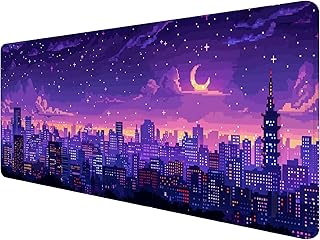 Japanese Anime Gaming Mouse Pad Pixel City Skyline Neon Large Gaming Mouse Mat with Stitched Edges,Non-Slip Waterproof Rubber Base Mous Mat 31.5"x11.8" Office Computer Keyboard Laptop Home