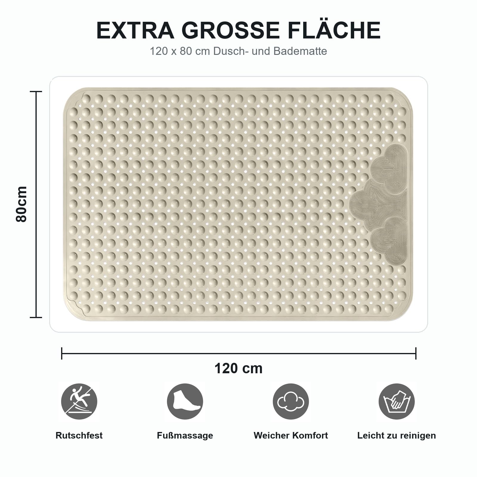 Tappetino da doccia extra large, antiscivolo, 80 x 120 cm: comfort massaggio, in TPE con ventose e fori di drenaggio, lavabile in lavatrice, antibatterico e resistente alla muffa