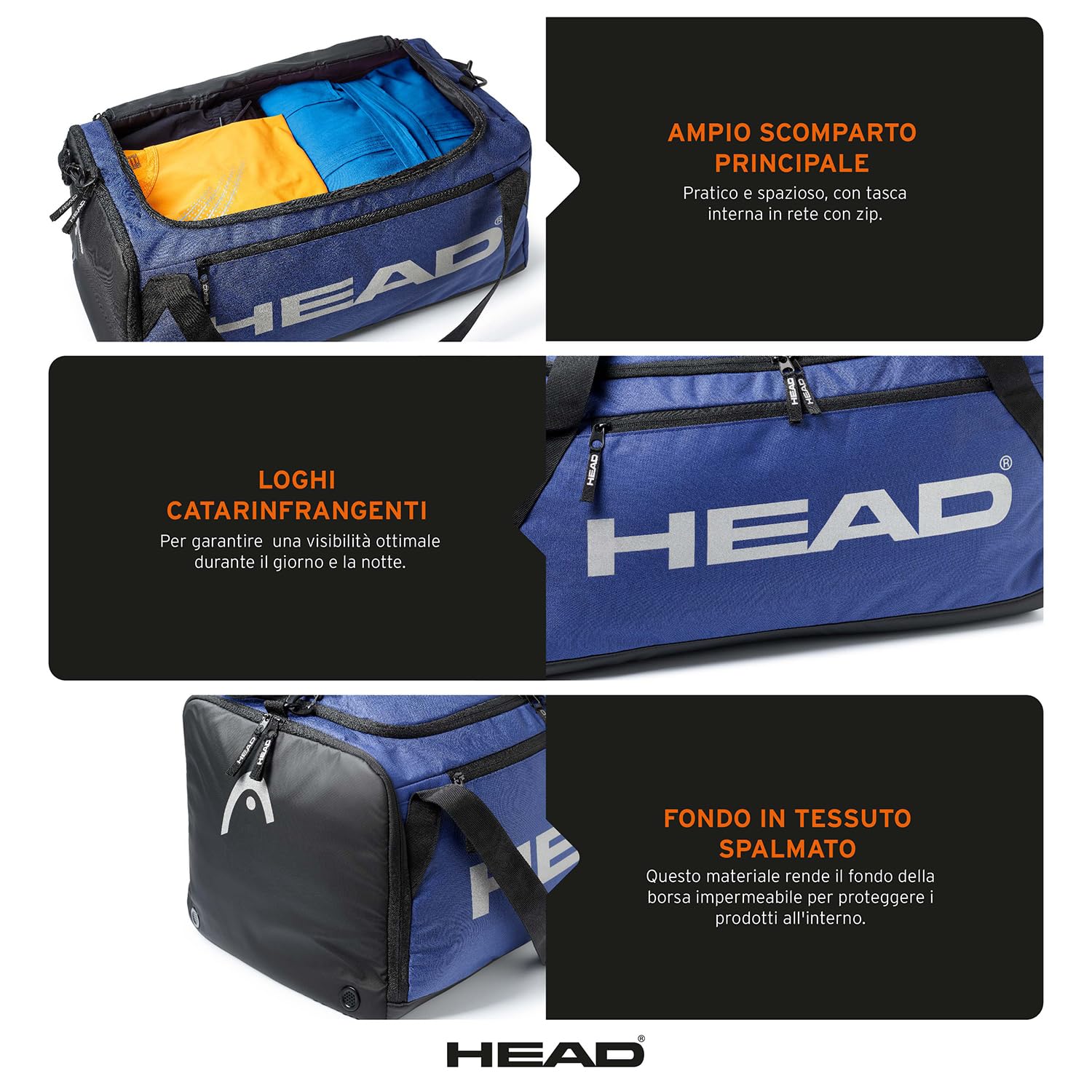HEAD - Borsone Palestra Uomo Donna 55x30x30 Ampio 50L, Borsone da Viaggio e Sport Impermeabile, Borsa Palestra, Calcio e Piscina con Porta Scarpe Laterale, Tracolla Removibile e Zip Morbido Resistente