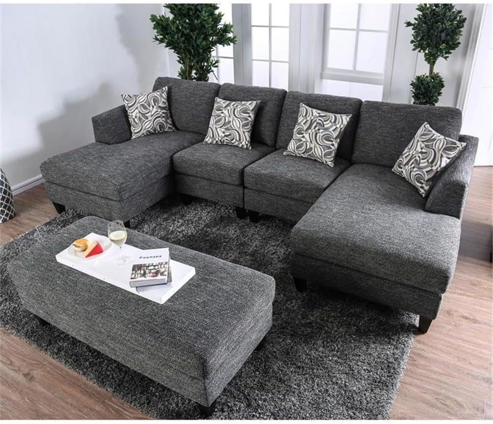 BOWERY HILL Modern Transitional Upholstered Ottoman, 52" W x 24" D x 20.5" H, Gray Chenille Finish, Solid Wood and Veneer, Multi-Use Coffee Table or Footrest, Living Room Furniture