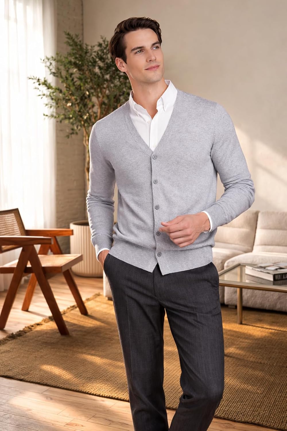 State Cashmere Men's 100% Pure Cashmere Button Front Long Sleeve Cardigan Sweater