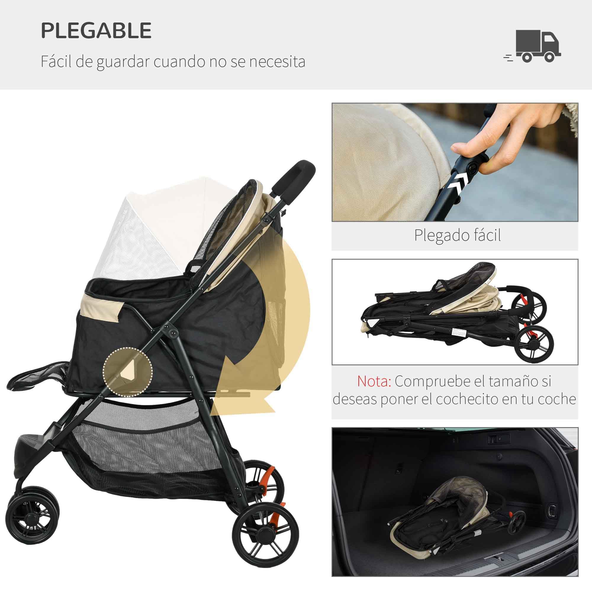 PawHut Carrito para Perros Plegable Carrito para Perros Pequeños con Cubierta para Lluvia Ventana de Malla Cesta y 2 Ruedas Universales Carga 15 kg 80,5x51,5x100 cm Caqui