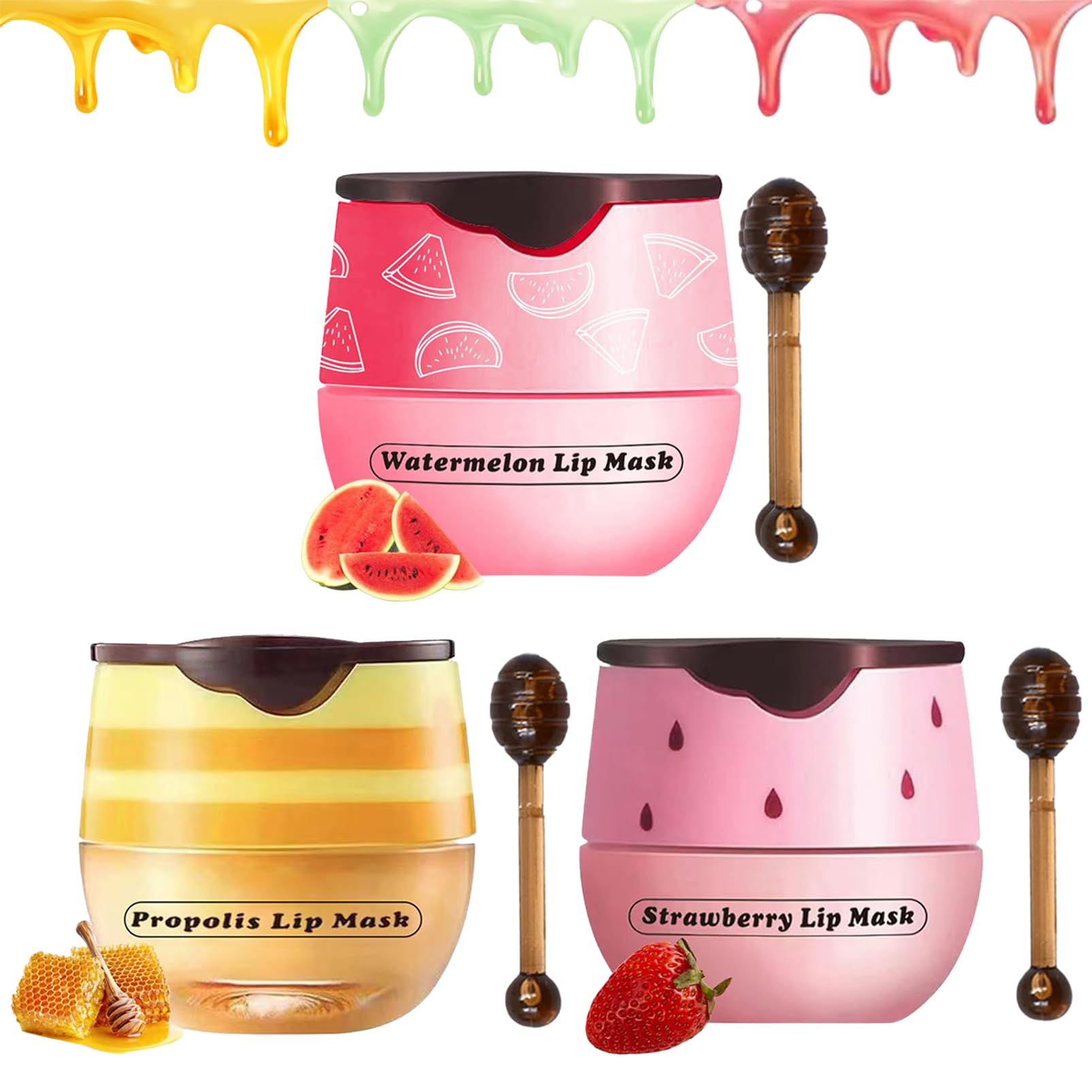3 PCS Lip Balm Honey Pot, Honey& Strawberry& Watermelon Lip Mask Overnight, Lip Sleeping Mask, Cute Lip Balm Hydrating, Reduces Lip Lines,Prevention Dry Cracked Lip Scrubs Exfoliator,Stocking Stuffers