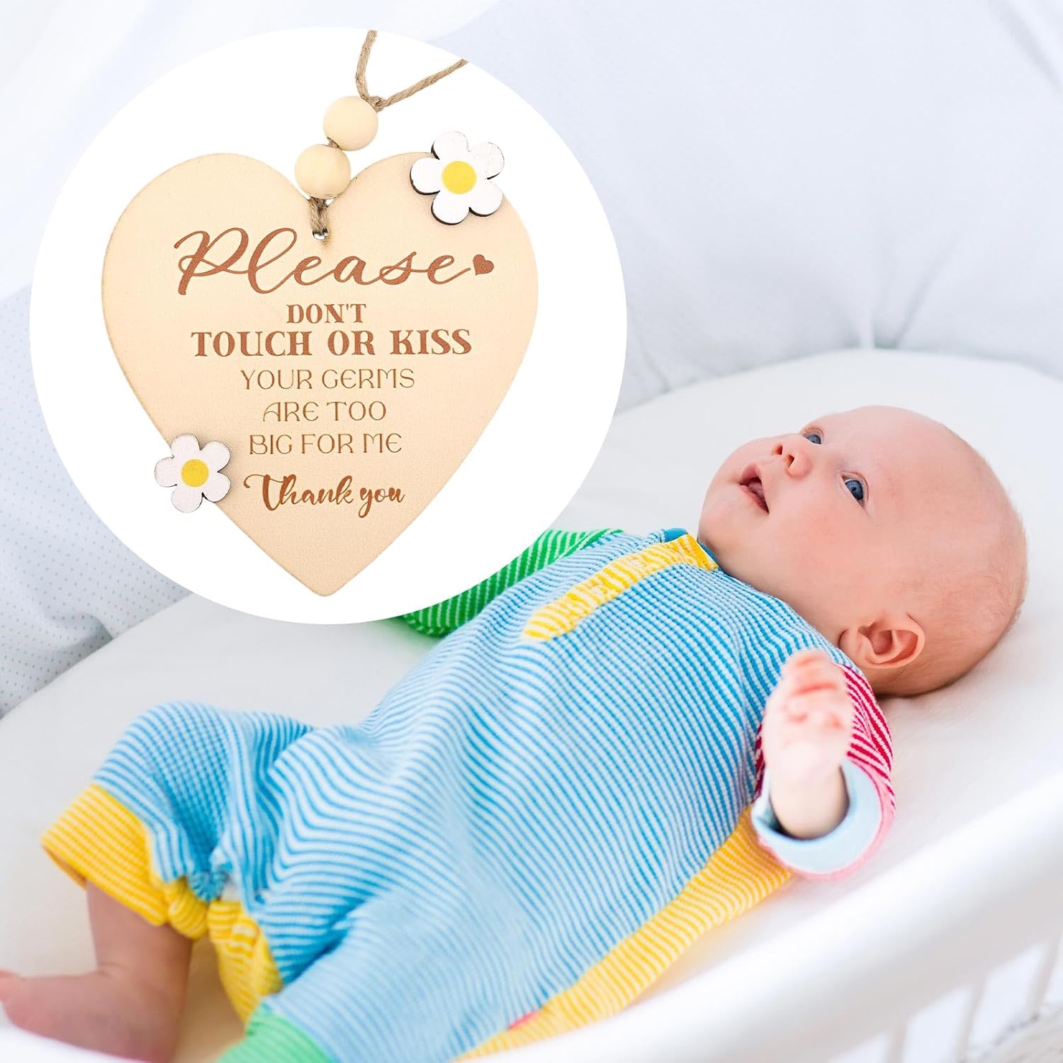 Please Do Not Touch or Kiss Baby Sign, Wooden No Touching Baby Signage Dont Touch Sign for Newborns Car Seat & Stroller Pram Tag Ideal for Baby Shower(Heart)