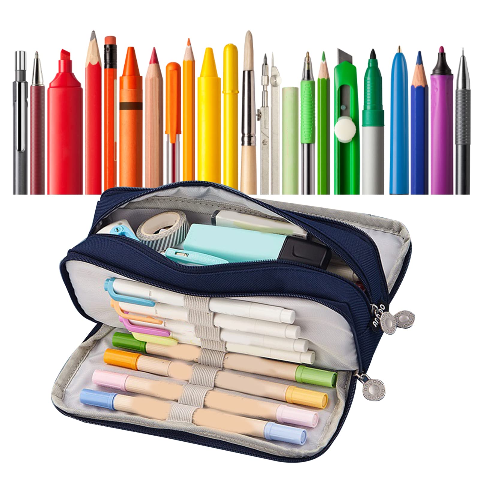SIXRUN Astuccio per Matite di Grande capacità, Astuccio in Tela con Cerniera con 3 Scomparti, per Penne Portatile con Doppia Apertura 21,5 X 9 X 7 Cm per Studenti e Uso in Ufficio (blu navy)
