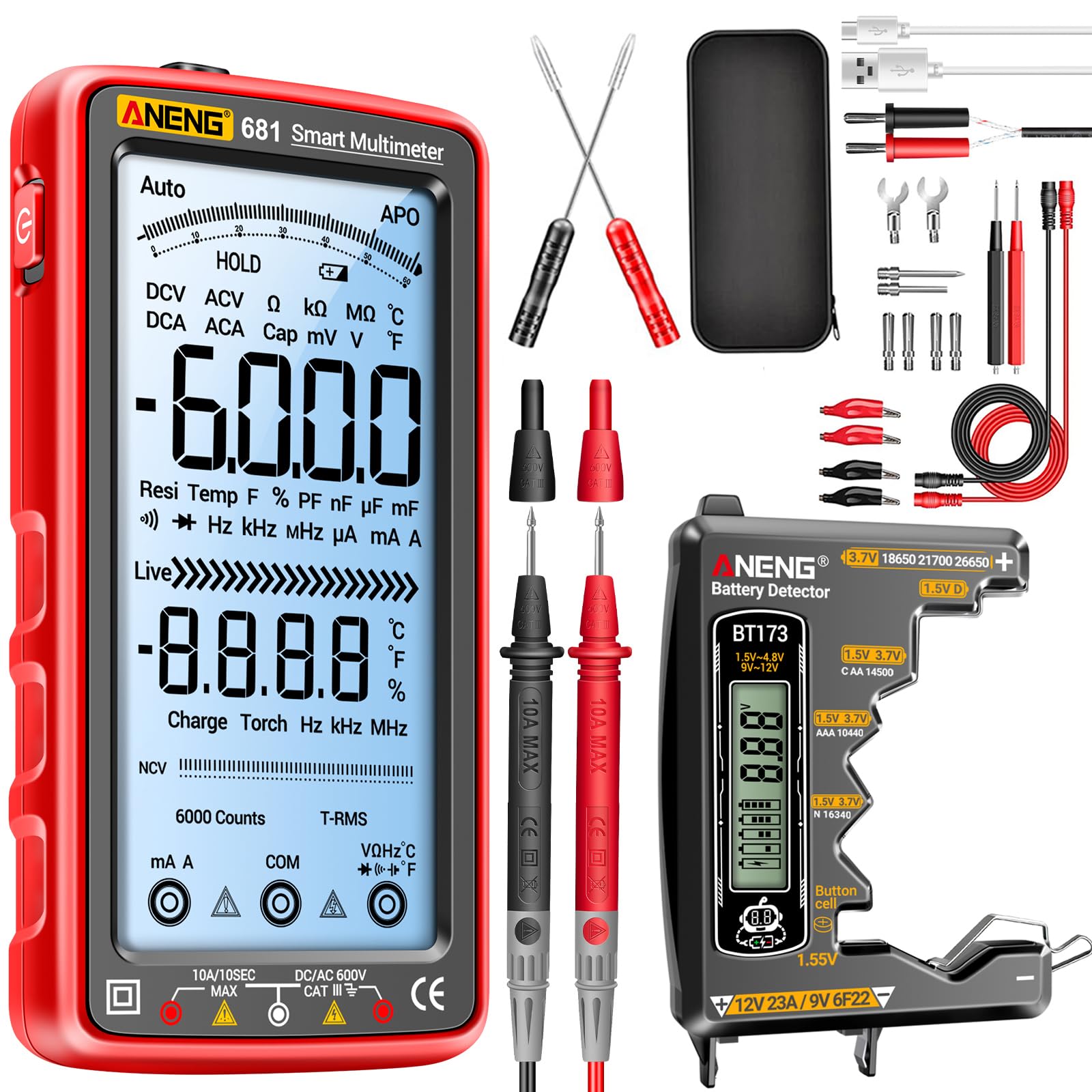 ANENG 681 Digitalmultimeter TRMS 6000 Counts, wiederaufladbar, Autorange, NCV, AC/DC, Widerstand, Kapazität mit BT173 Batterietester für AA AAA C D N 9V 12V-A23 18650 21700 26650