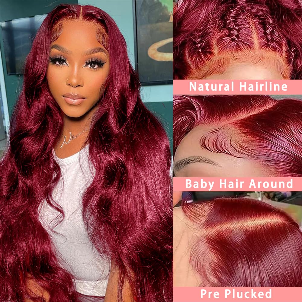 ZGWG Red Frontal Wigs Human Hair 180% Density 13X6 HD Body Wave Lace Front Wigs Human Hair 100% Unprocessed Brazilian Hair Pre Plucked Hairline With Baby Hair(Burgundy, 28inch)
