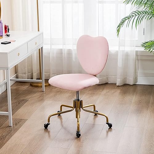 Miniatura 2 de Silla de escritorio giratoria ajustable con ruedas, silla tapizada de terciopelo para oficina con respaldo de corazón, rosa