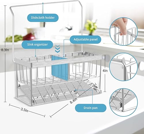 Miniatura 4 de Soporte de esponja para fregadero de cocina, organizador de acero inoxidable 304 dispensador de jabón de cocina con bandeja de drenaje automático,
