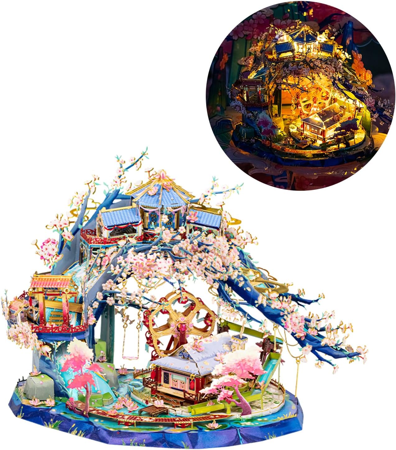 3D Metal Puzzles-Peach Blossom Fairyland Chinese Palace Puzzle, Jigsaw Model DIY Kits Building Dollhouse for Adults, New Year and Birthday Gift Home Decor