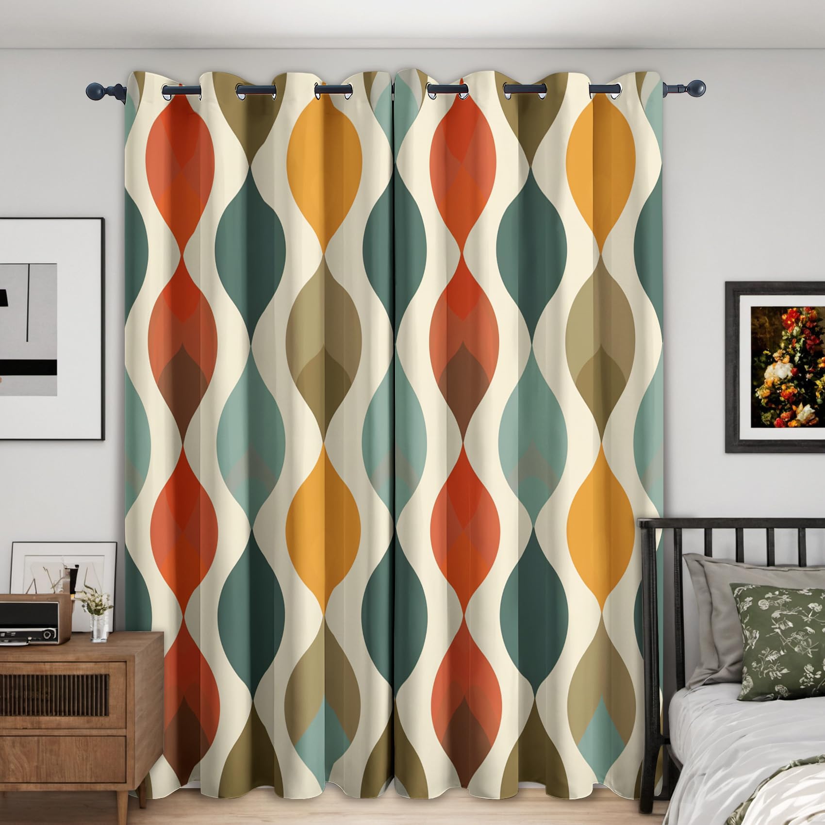 Rideaux Occultant Géométrique Médiéval, Rideau Isolant Thermique pour Salon Chambre, Rideaux Motif Moderne Colorée, Lot de 2 Rideaux Opaque à Oeillets 140x260cm LxH