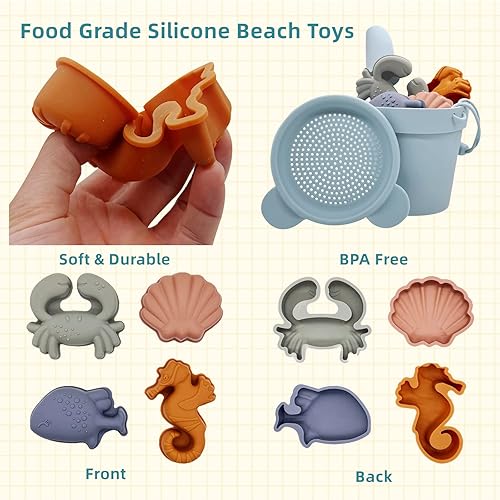 Vista 24 de NW HANDA - Juego de juguetes de arena de playa de silicona para niños, 6 piezas, incluye cubo de playa de silicona, pala, regadera y moldes