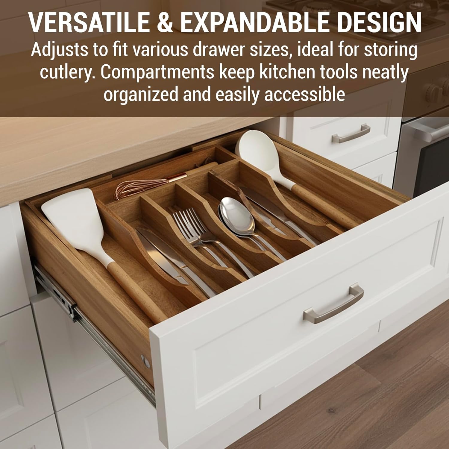 MyGift Expandable Premium Acacia Wood Kitchen Drawer Organizer – Adjustable Flatware, Silverware, Cutlery and Utensil Storage Tray for Kitchen Drawers