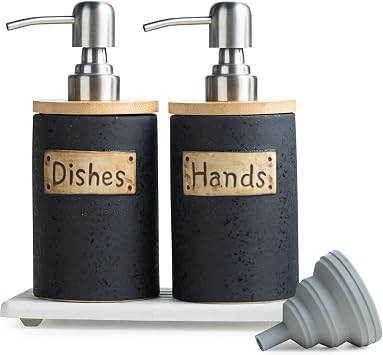Hand and Dish Soap Dispenser for Bathroom, Ceramic Kitchen Soap Dispenser Set, Includes Instant Dry Tray, Collapsible Funnel, 15 Oz, Black