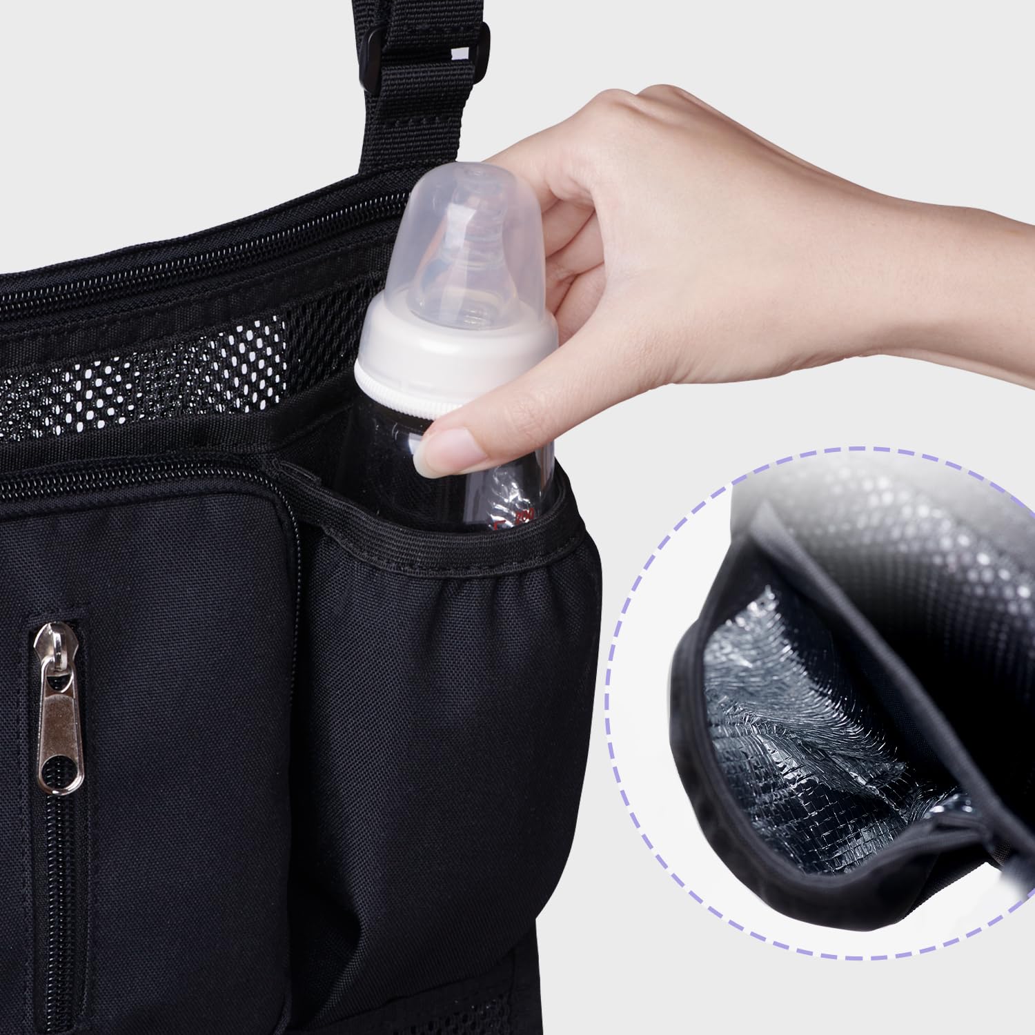 SUNVENO Organizer universale 2 in 1 per passeggino, portabicchieri isolati, tasca per telefono/polso con cerniera, tracolla laterale in rete, cinghie antiscivolo regolabili, si adatta alla maggior