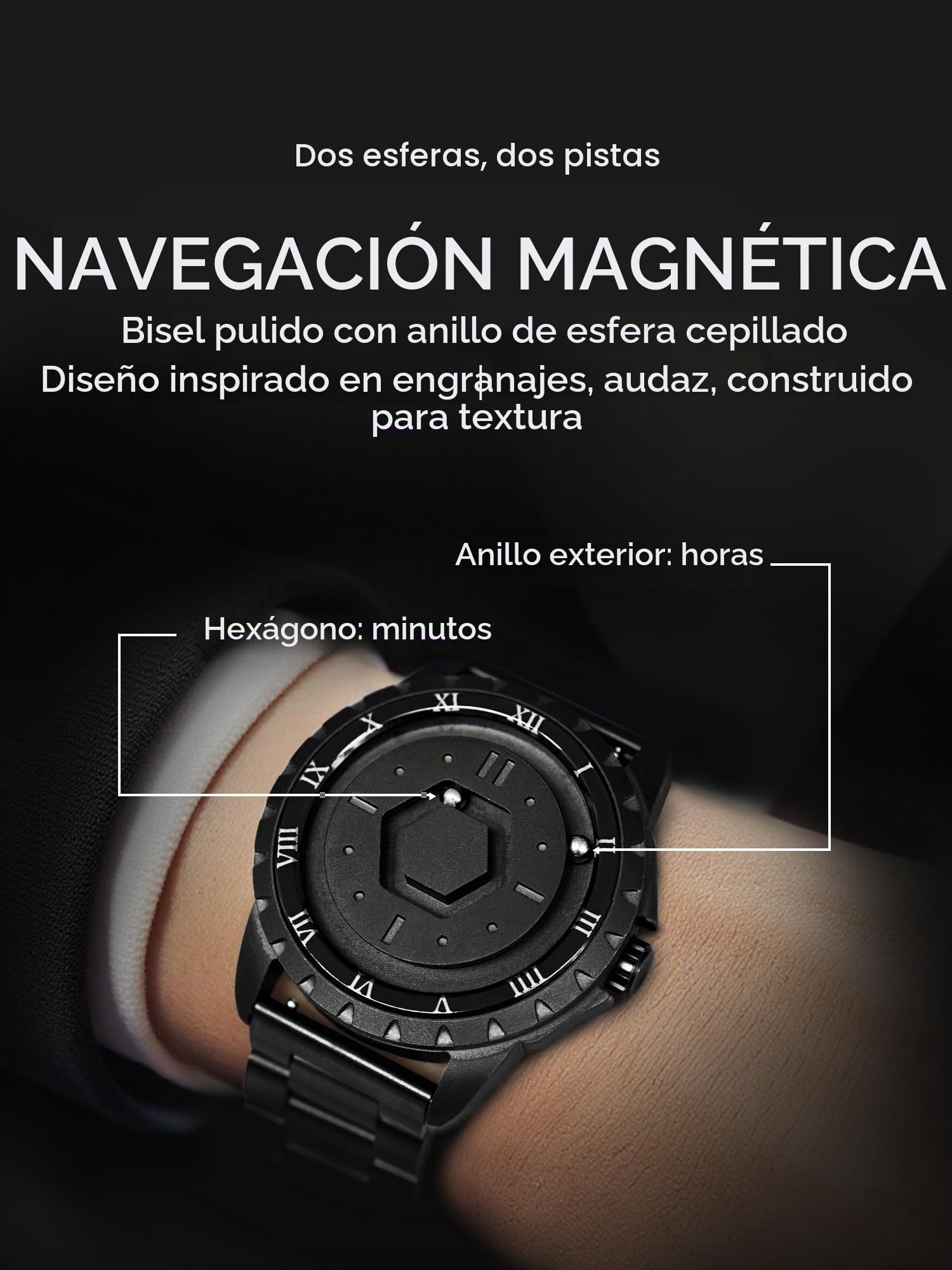 EUTOUR Reloj Magnético para Hombre con Esfera de Cobre | Movimiento Suizo | 42mm | Esfera con Números Romanos y Diseño Hexagonal Único